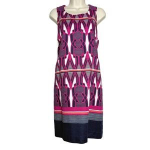 Crown& Ivy Womens Sheath Dress 14 Pink Blue Geometric Cotton Lined Brunch Office